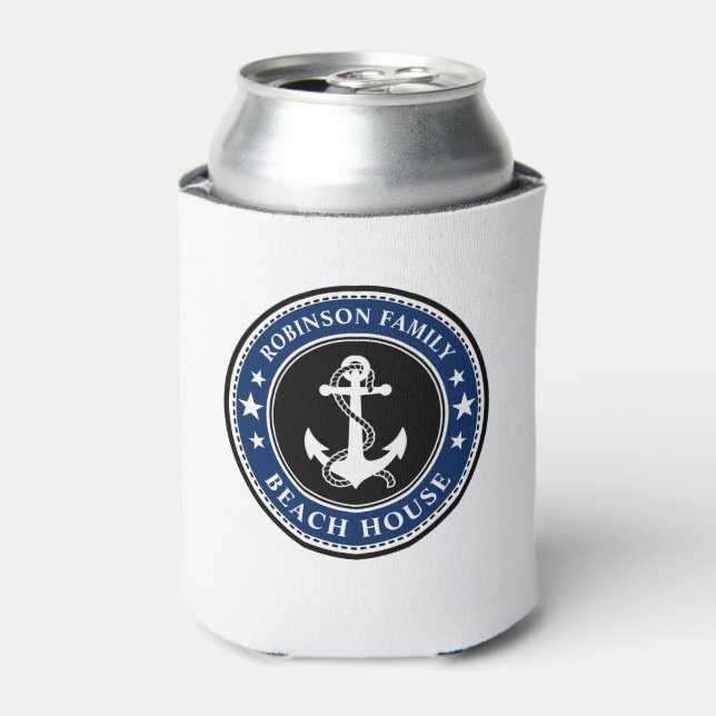 Nautical Anchor Stars Your Family Beach House Navy Can Cooler (Can Front)
