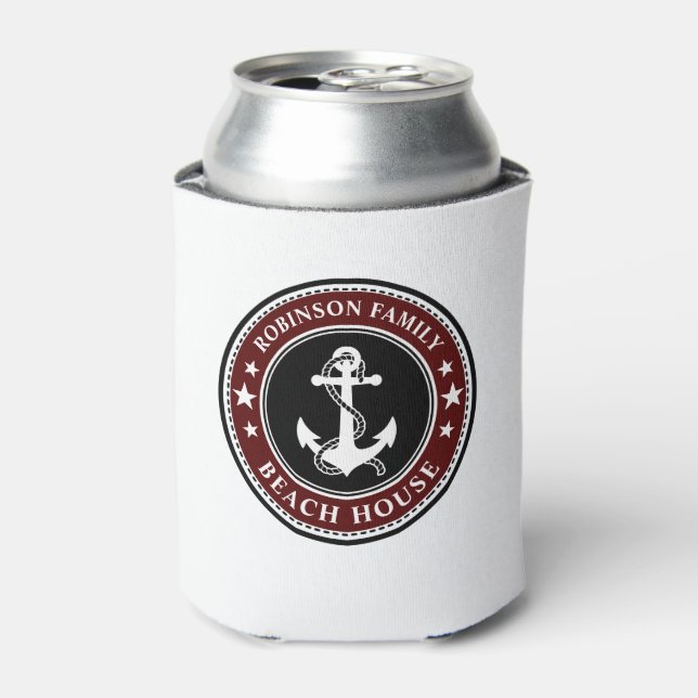 Nautical Anchor Stars Your Family Beach House Red Can Cooler (Can Front)