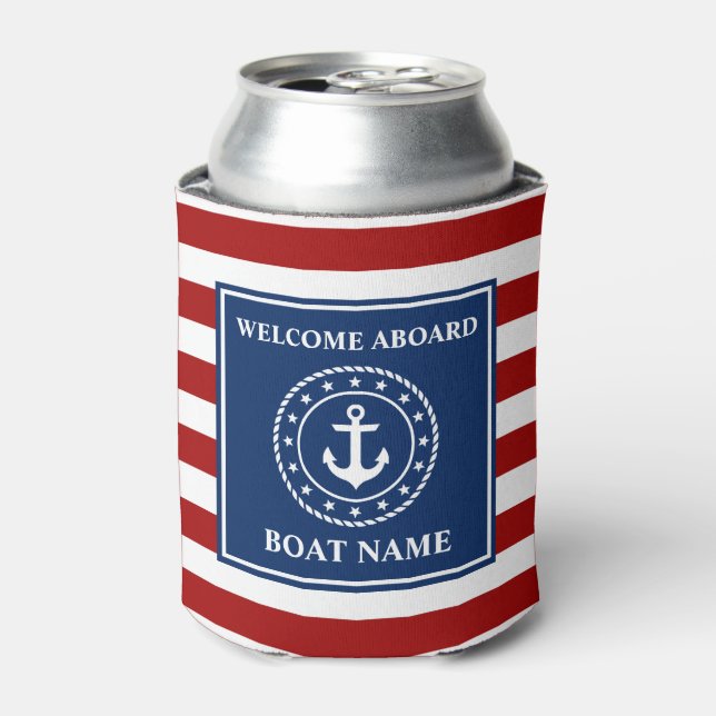 Nautical Anchor Striped Boat Name Rope Stars Can Cooler (Can Front)
