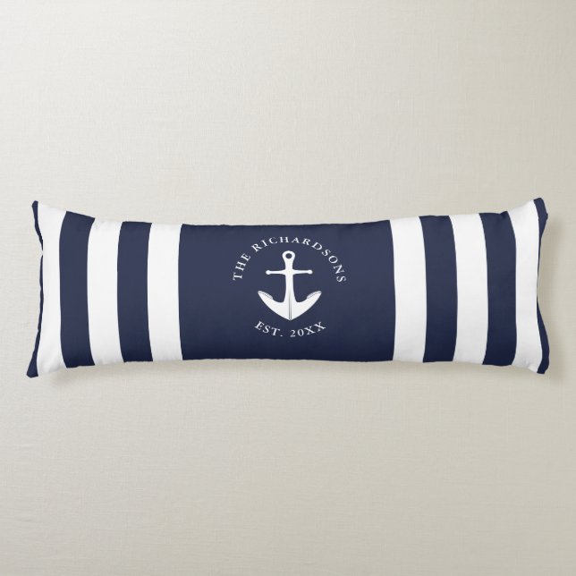 Nautical Anchor Striped Navy Blue and White Body Cushion (Front)