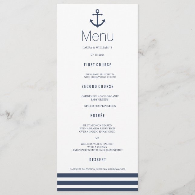 Nautical Anchor & Striped Wedding Dinner Menu Card (Front)