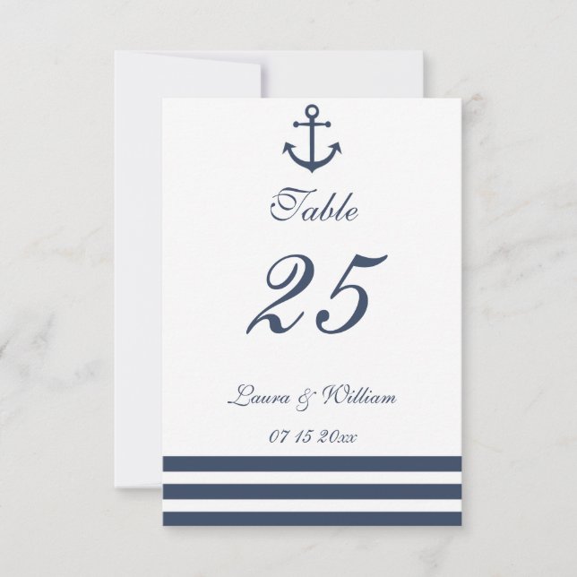 Nautical Anchor & Striped Wedding Table Number (Front)