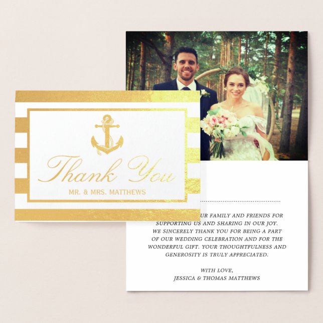 Nautical Anchor Stripes Photo Wedding Thank You Foil Card (Display)