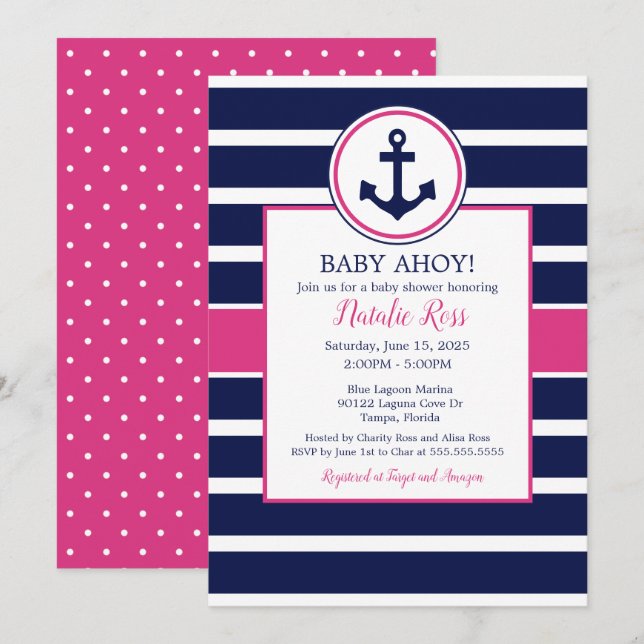 Nautical Anchor Summer Ahoy! Girl Baby Shower Invitation (Front/Back)