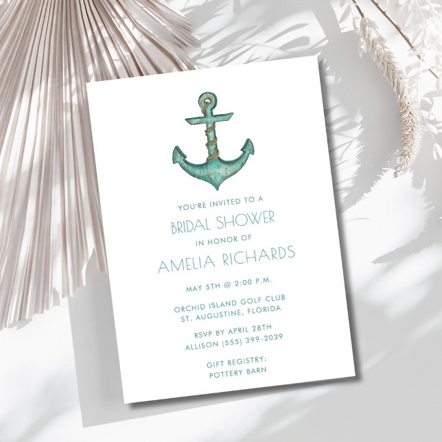 Nautical Anchor Teal Stripe Bridal Shower Invite (Nautical Anchor Teal Stripe Bridal Shower Invite)