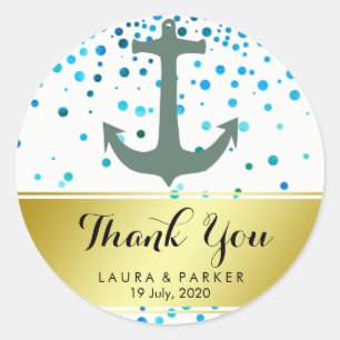 Nautical Anchor Thank You Wedding Blue Confetti Classic Round Sticker