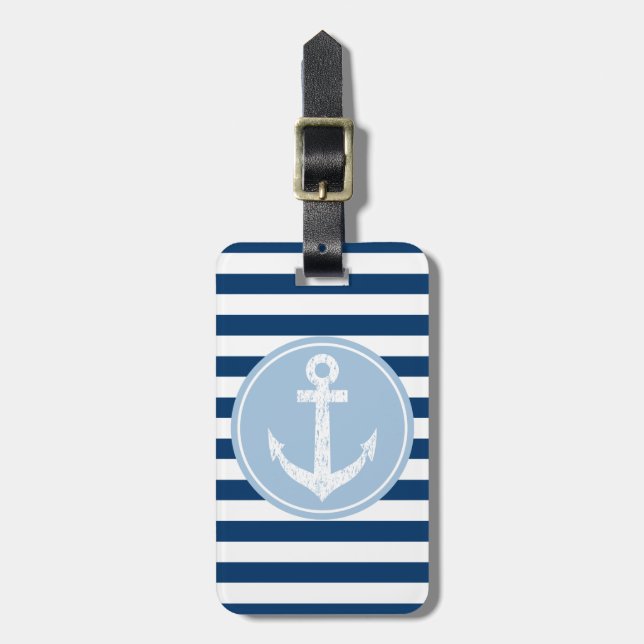 Nautical anchor travel luggage tag with stripes (Front Vertical)
