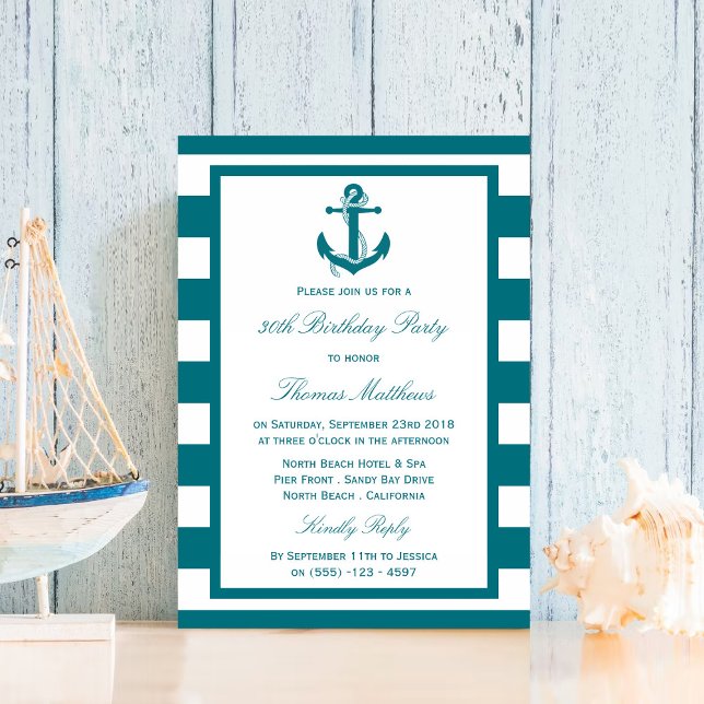 Nautical Anchor Turquoise Stripes Beach Birthday Invitation (Creator Uploaded)