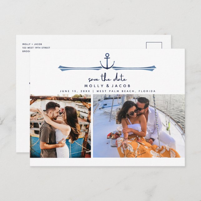 Nautical Anchor Two Photo Wedding Save the Date  Announcement Postcard (Front/Back)
