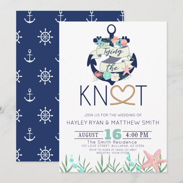 Nautical Anchor Tying the Knot Wedding Invitation (Front/Back)