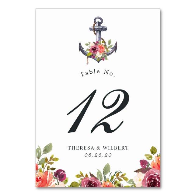 Nautical Anchor Watercolor Floral Knot Table Number (Front)