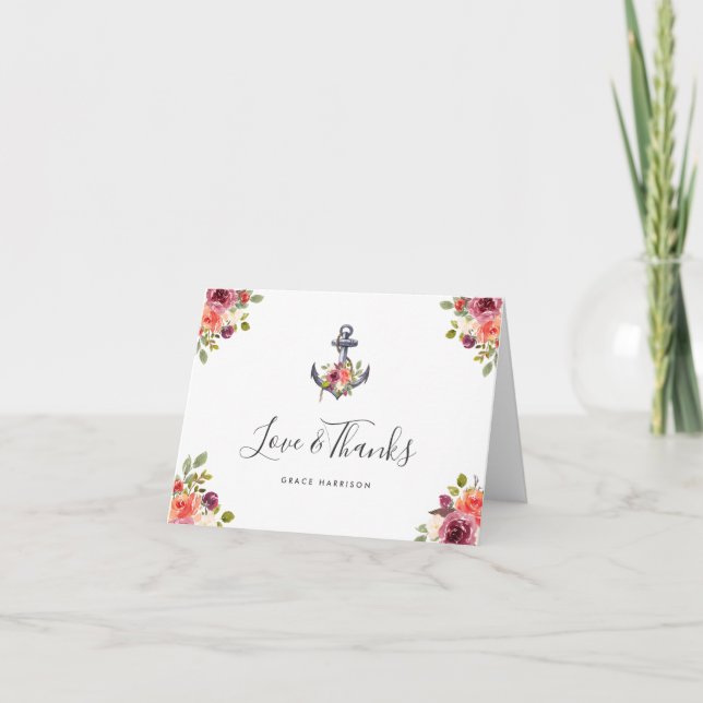 Nautical Anchor Watercolor Floral Thank You Card (Front)