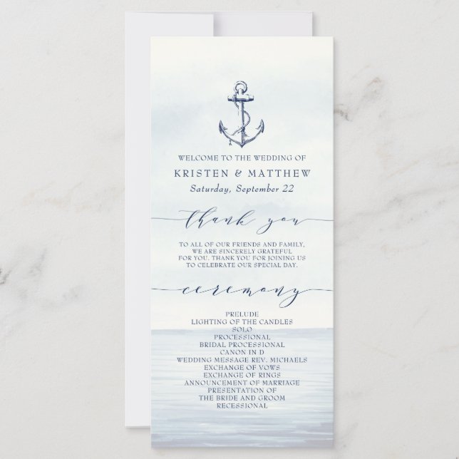 Nautical Anchor Watercolor Ocean Wedding Program (Front)