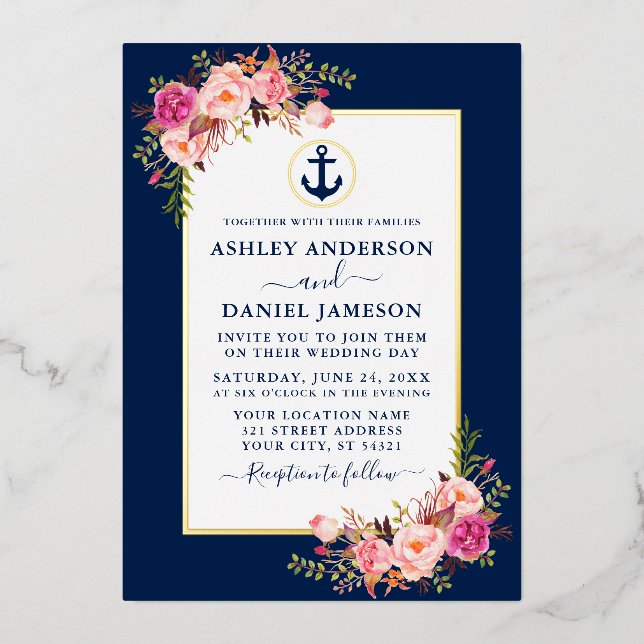 Nautical Anchor Watercolor Pink Floral Blue Gold (Front)