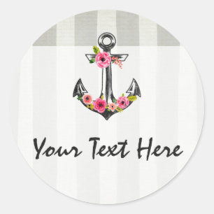 Nautical Anchor Watercolor Roses Beach Boutique Classic Round Sticker