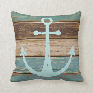 Nautical Anchor Weathered Wood Coastal Themed Cushion