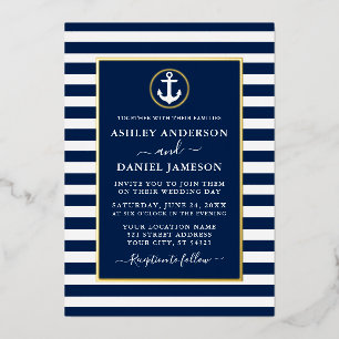 Nautical Anchor Wedding Blue Stripes Gold