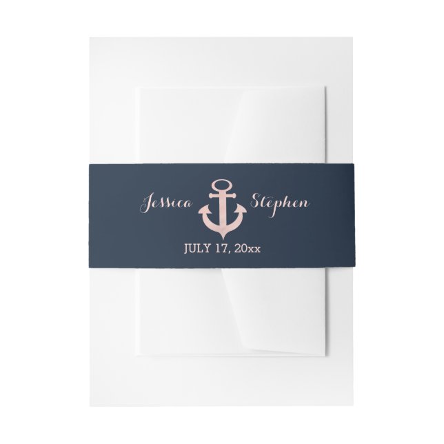 Nautical Anchor Wedding Blush and Navy Blue Invitation Belly Band (Front Example)