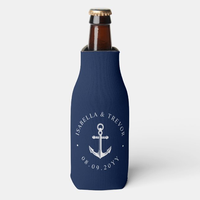 Nautical Anchor Wedding Date Custom Bottle Cooler (Bottle Front)