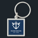 Nautical anchor wedding gift premium square key ring<br><div class="desc">Nautical anchor wedding gift premium square keychain. Navy blue and white anchor design with heart and doves. Add your own family name and established year date. Elegant typography template key chain for newly weds,  couple,  bride and groom,  friends,  guests,  sailor,  skipper etc.</div>