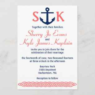 Nautical Anchor Wedding Invitation Navy and Coral