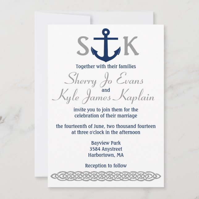 Nautical Anchor Wedding Invitation Navy and Grey (Front)