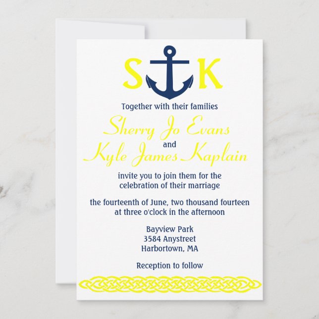 Nautical Anchor Wedding Invitation Navy and Yellow (Front)