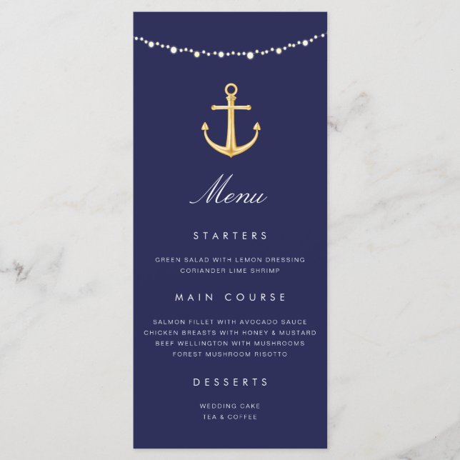 Nautical Anchor Wedding Menu Navy Blue Gold (Front)