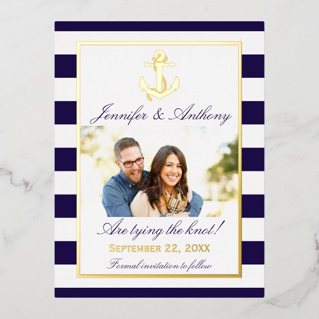 Nautical Anchor Wedding Photo Save The Date Real Foil Invitation Postcard (Front)