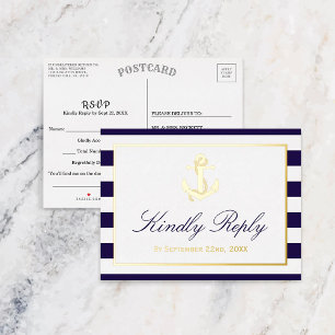 Nautical Anchor Wedding RSVP Real Foil Invitation Postcard
