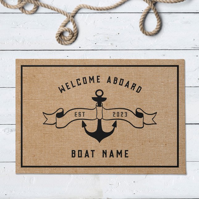 Nautical Anchor Welcome Aboard Burlap and Black Doormat (Creator Uploaded)