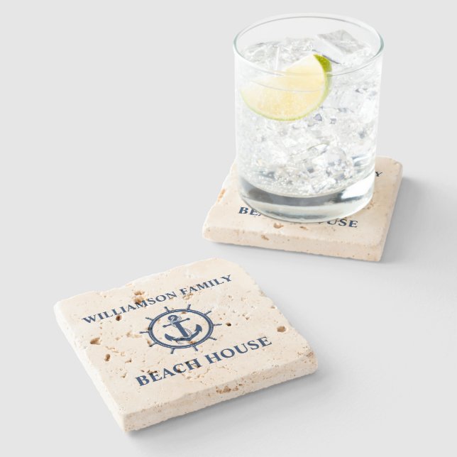 Nautical Anchor Wheel Beach House Travertine Stone Coaster (Side)