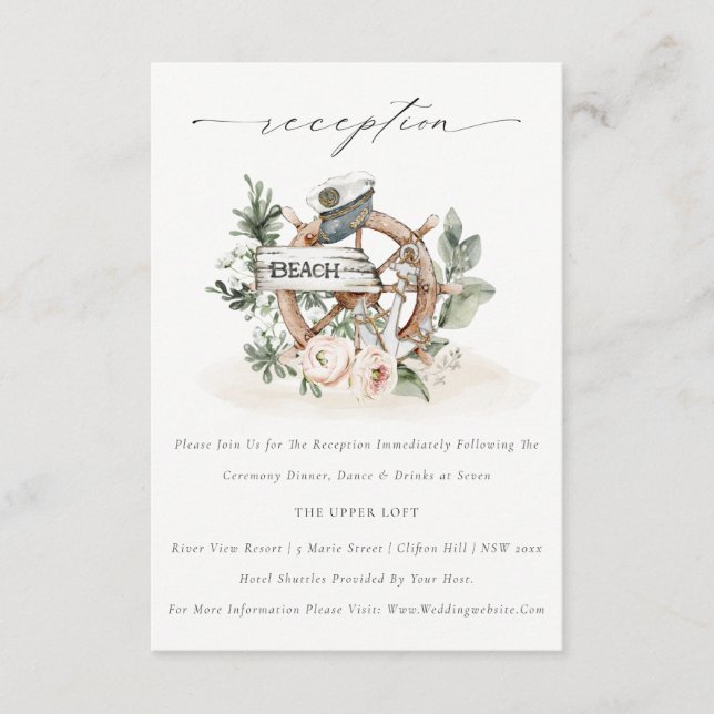 Nautical Anchor Wheel Floral Wedding Reception Enclosure Card (Front)