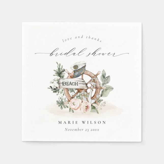 Nautical Anchor Wheel Leafy Floral Bridal Shower Napkin (Front)