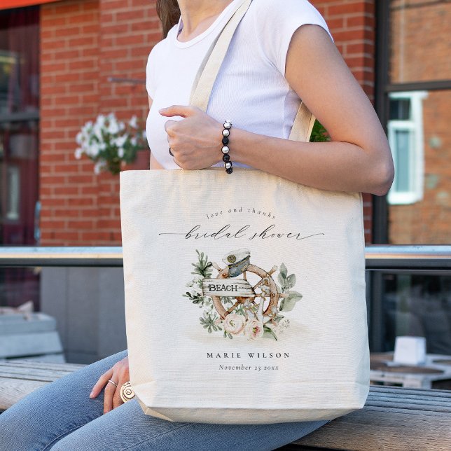 Nautical Anchor Wheel Leafy Floral Bridal Shower Tote Bag (Creator Uploaded)