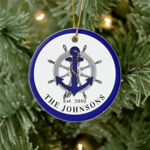 Nautical Anchor Wheel Navy Blue Metal Ornament
