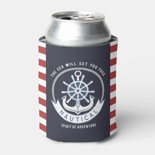 Nautical Anchor,Wheel, Navy Blue,Red Stripes Can Cooler (Can Front)
