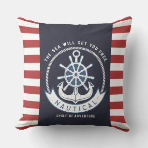 Nautical Anchor,Wheel, Navy Blue,Red Stripes Cushion
