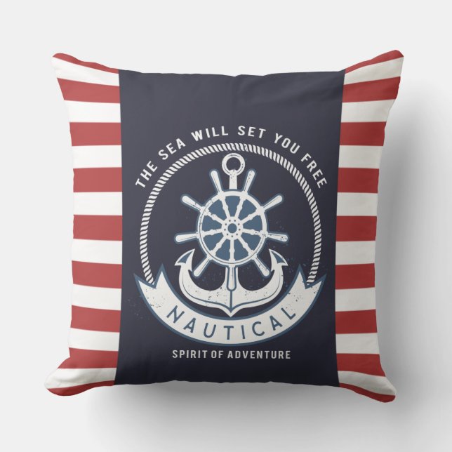 Nautical Anchor,Wheel, Navy Blue,Red Stripes Cushion (Front)