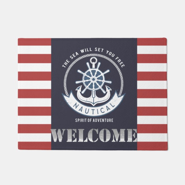 Nautical Anchor,Wheel, Navy Blue,Red Stripes Doormat (Front)