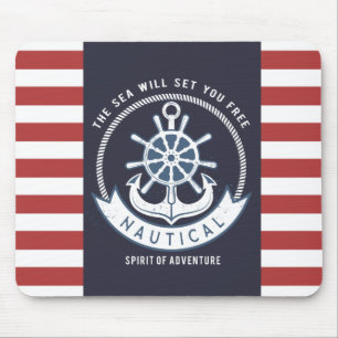 Nautical Anchor,Wheel, Navy Blue,Red Stripes Mouse Mat