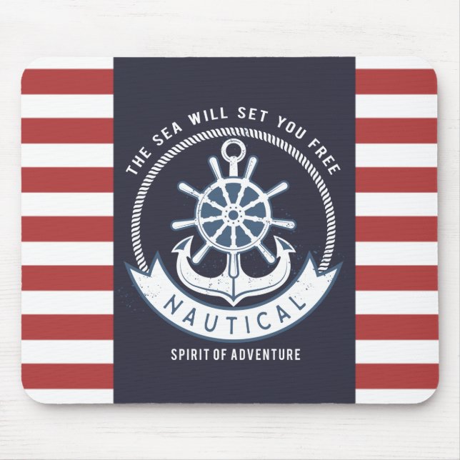 Nautical Anchor,Wheel, Navy Blue,Red Stripes Mouse Mat (Front)