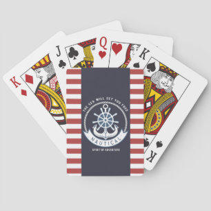 Nautical Anchor,Wheel, Navy Blue,Red Stripes Playing Cards