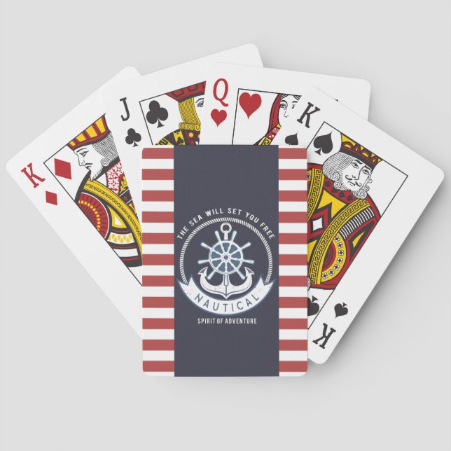 Nautical Anchor,Wheel, Navy Blue,Red Stripes Playing Cards (Back)