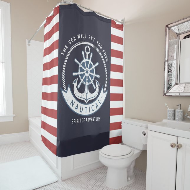 Nautical Anchor,Wheel, Navy Blue,Red Stripes Shower Curtain (In Situ)