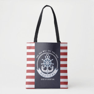 Nautical Anchor,Wheel, Navy Blue,Red Stripes Tote Bag