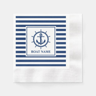 Nautical Anchor Wheel Striped Boat Name Cocktail Napkin