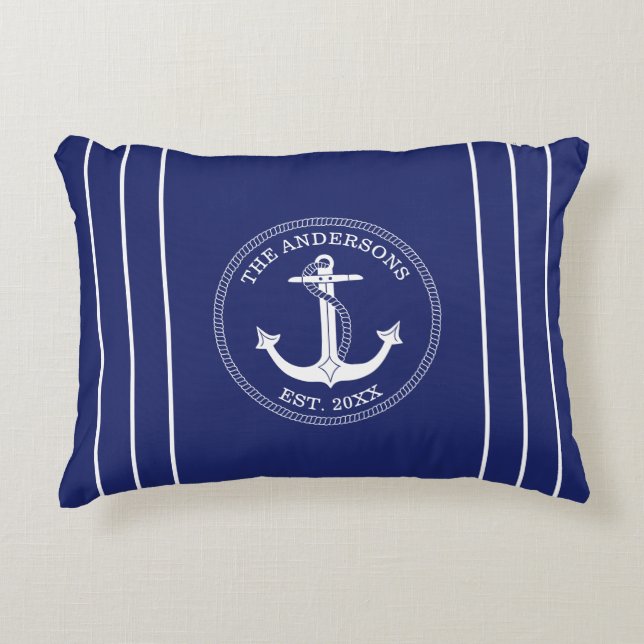 Nautical Anchor White Stripes on Blue Family Name Decorative Cushion (Front)
