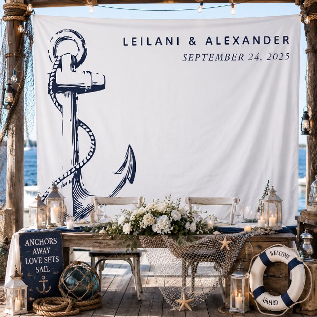 Nautical Anchor White Wedding Tapestry (Welcome your guests with this nautical anchor tapestry. This can be used as a backdrop for photo ops)