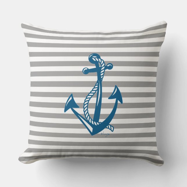 Nautical Anchor with grey stripes Cushion (Front)